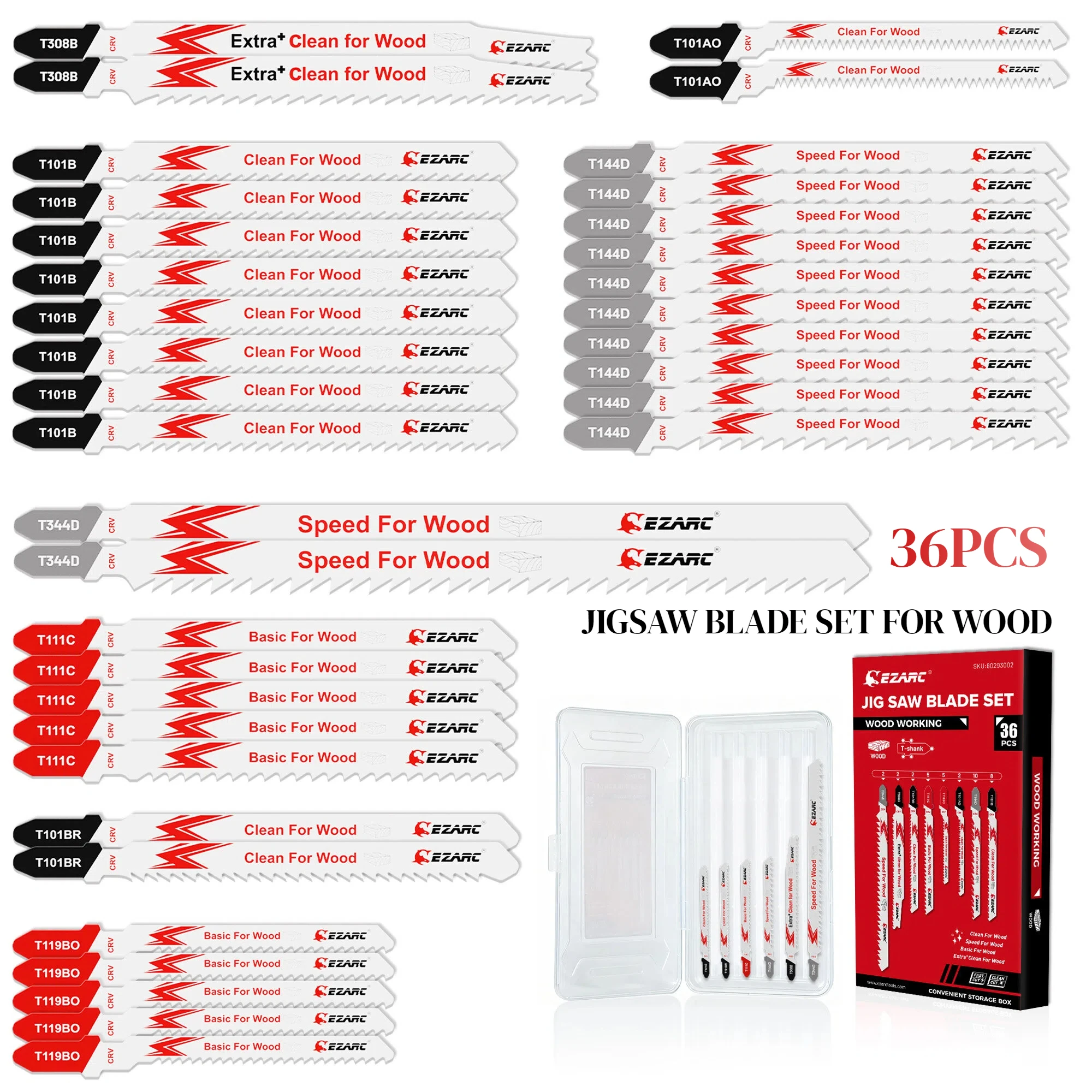 ezarc-36個入りジグソーブレードセット、tシャンク各種ジグソーブレード、木工用高速切断、滑らかな曲線切断ツール
