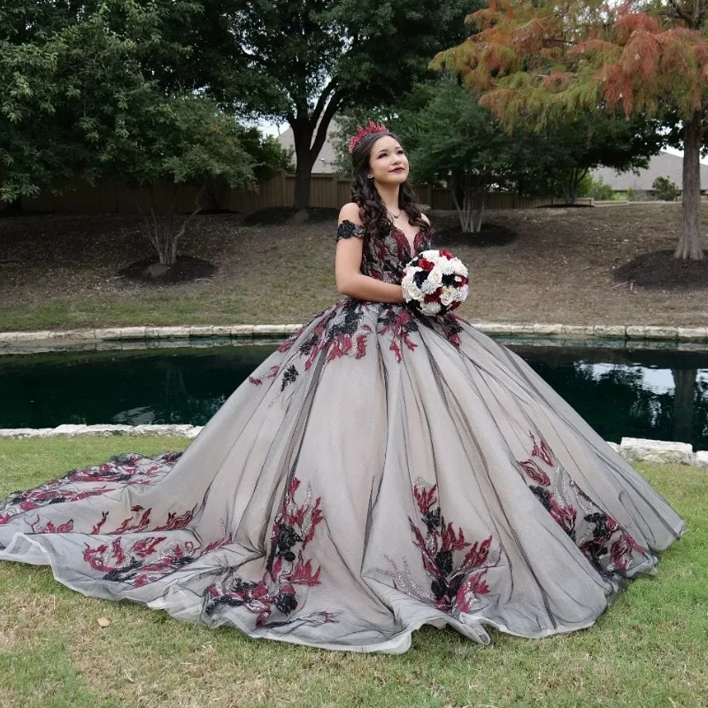 

Gray Champagne Quinceanera Dresses Ball Gown Off Shoulder Puffy Sweet 16 Dress Applique Lace Tull Celebrity Party Graduation