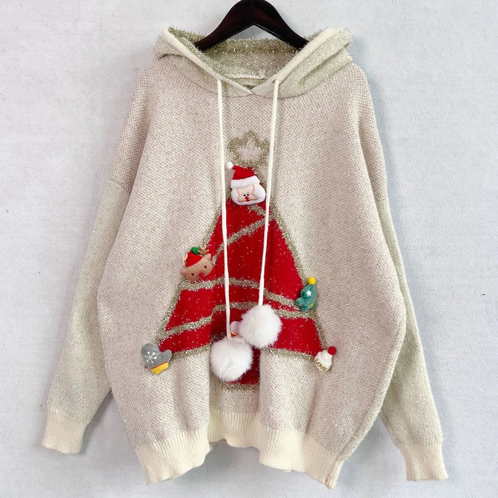 All-Match Christmas Tree Hooded Sweater For Women Popular Loose Ugly Christmas Sweater Chic Leisure Pullover Thick Knitwear