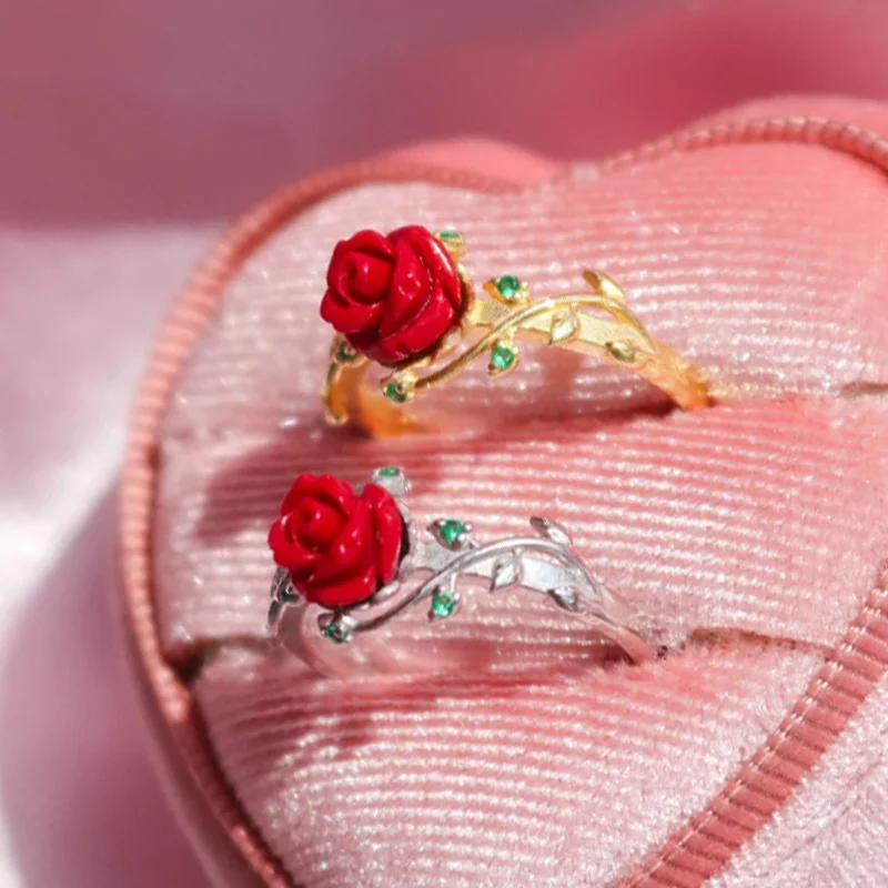 Beauty Rose Ring for Women Fashion Engagement Jewelry Accessories Gold and Silver Plated Beautiful Red Rose Rings Gift for Her