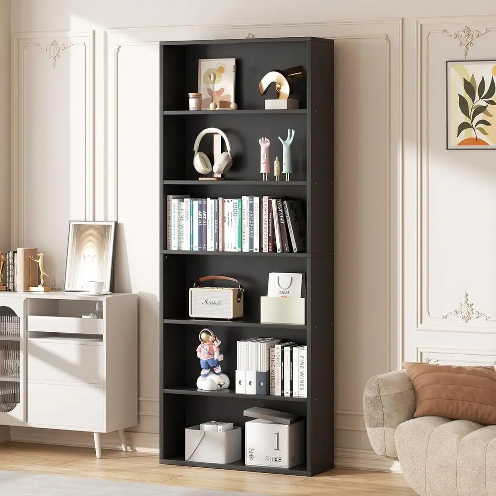 

6-Tier Open Bookcase, 71 Tall Wooden Display Shelves for Home or Office, Black
