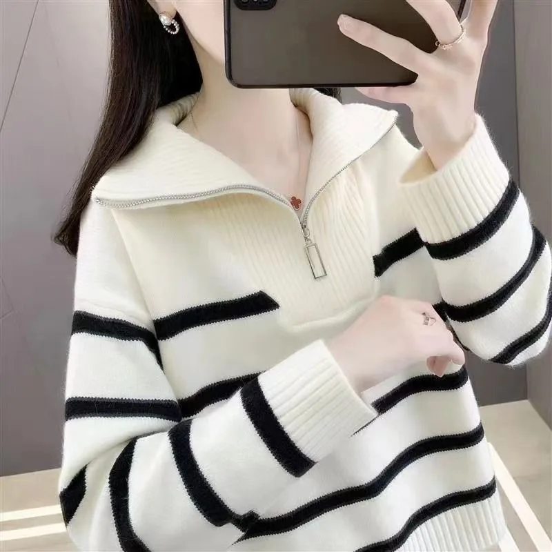 Polo neck sweater for women in autumn and winter thickened inner layer for outer wear new semi zippered striped bottom sweater