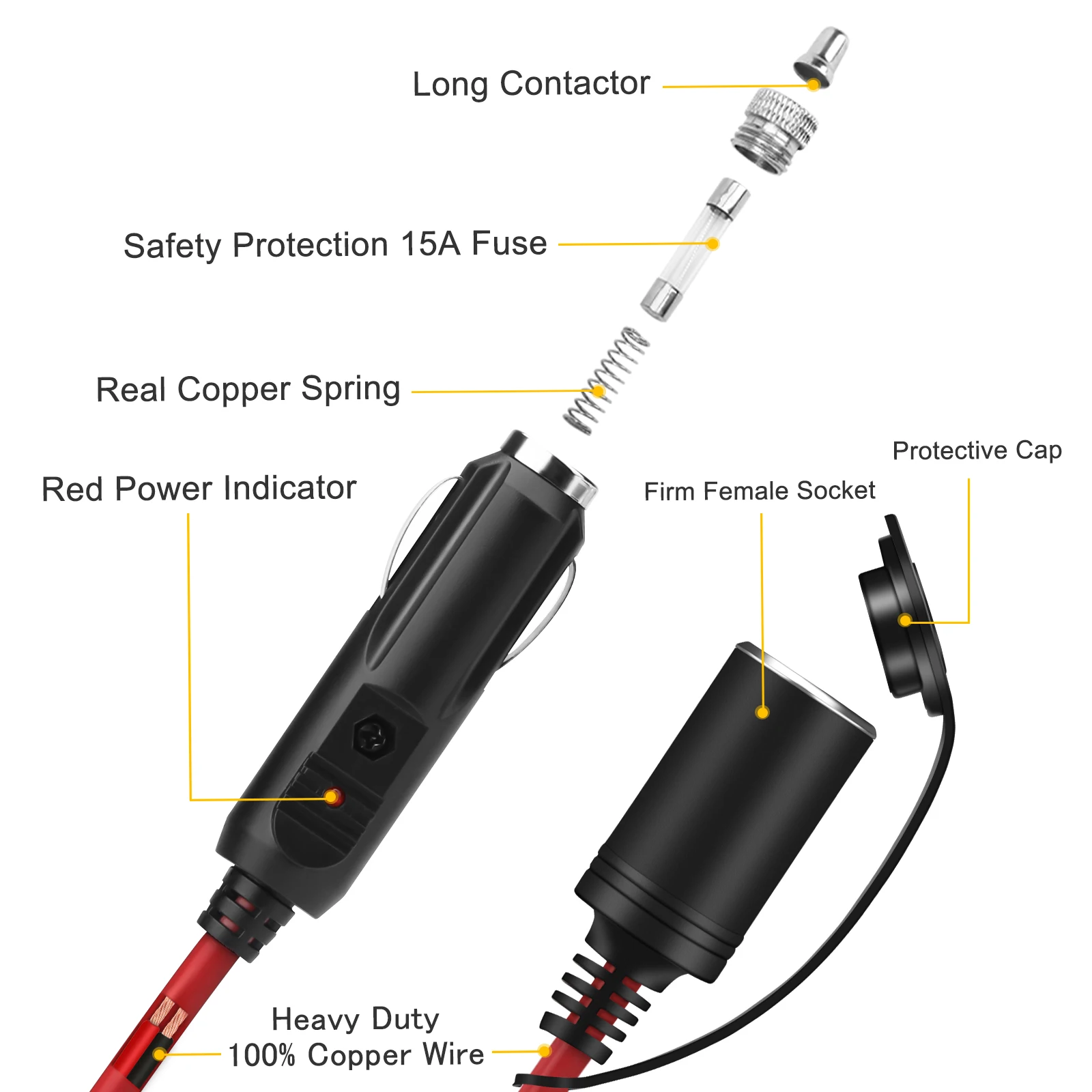 12V 24V Car Cigarette Lighter Extension Cable 3.6M Cable Socket Plug 15A 16AWG Car Splitter Charger Power Extension Cable
