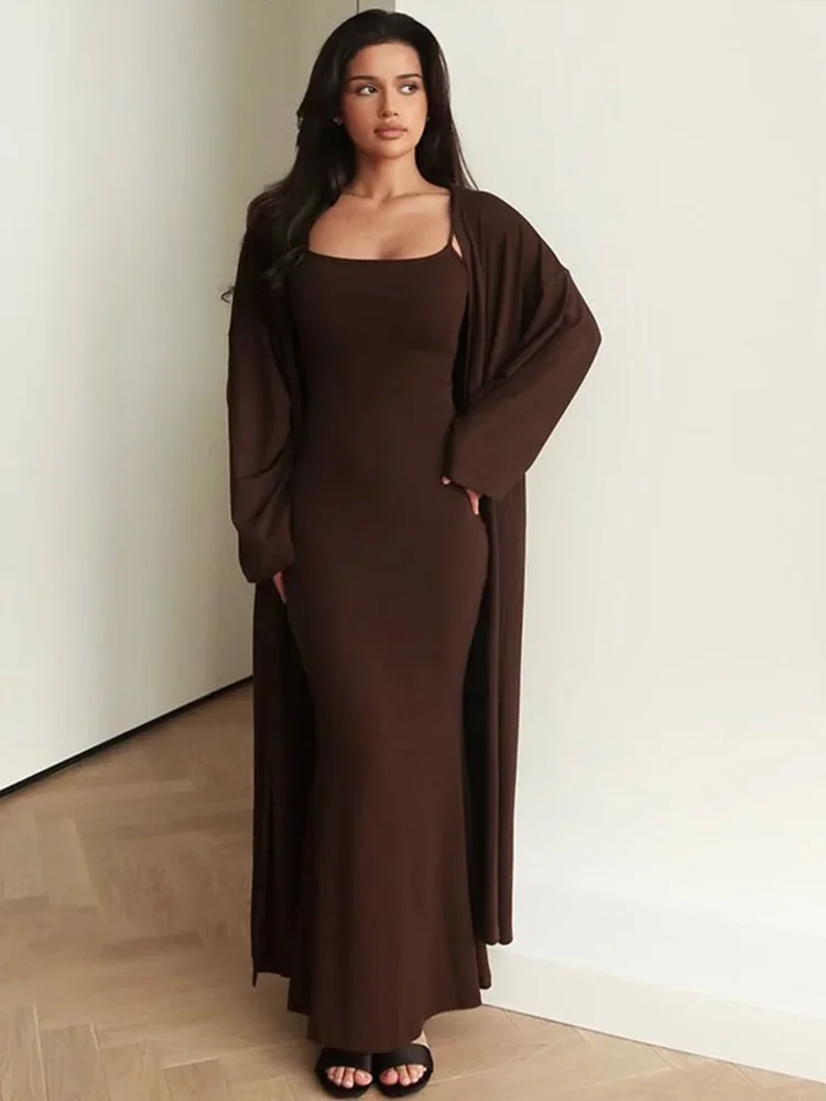 

Women ‘s 2 Piece Sets Solid O-neck Iner Dressess Oversize Long Cardigan Female Outfits 2025 new Summer Fashion New Lady Outwears