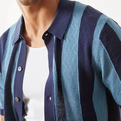 Fashion Striped Patchwork Knit Mens Shirt Casual Short Sleeve Button Lapel Slim Knitted Shirts Breathable Hollow Out Men Shirts