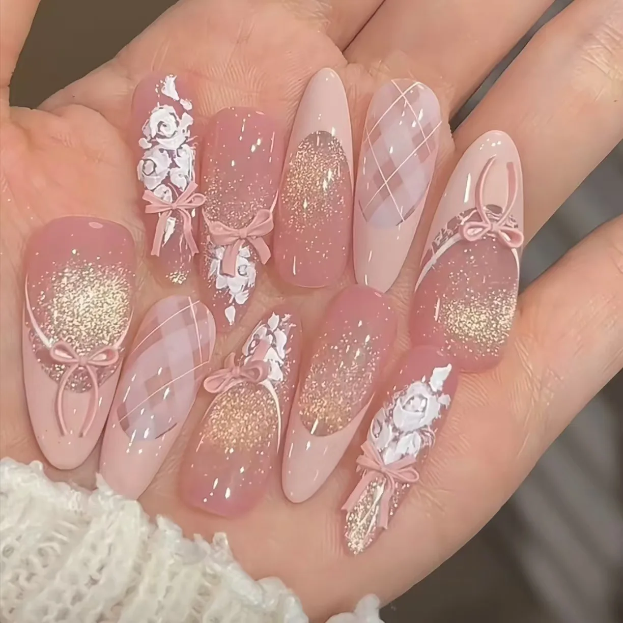 

10Pcs Pink False Nails Long Almond Handmade Fake Nails Sparkling Cat Eye Press on Nails Bow French Nail Art Summer Sweetheart