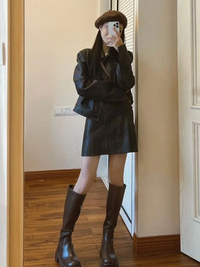 Temperament Fashion Leather Coat A-line Skirt Two Piece Set Women Spicy Motorcycle Cool Lapel Solid Slim Spring Versatile Suit