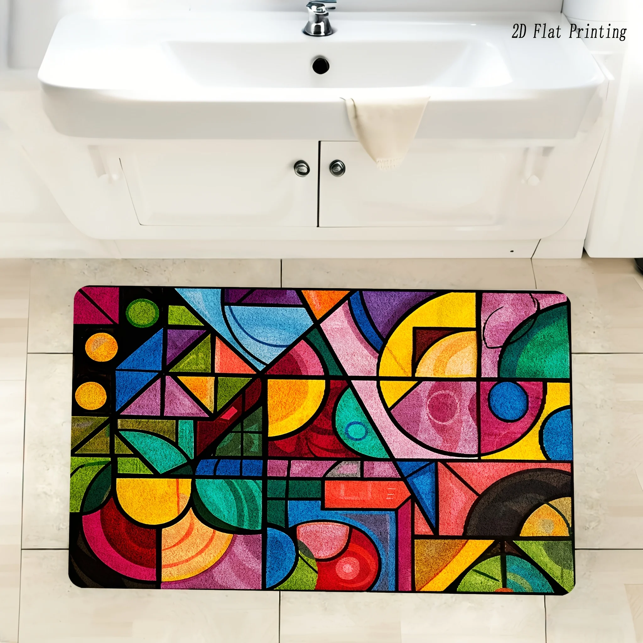 Mid Century Modern Colorful Geometric Flannel Bath Mat Quick Dry Vanity Rug For Guest Bathroom Art Enthusiast Home Decor Gift