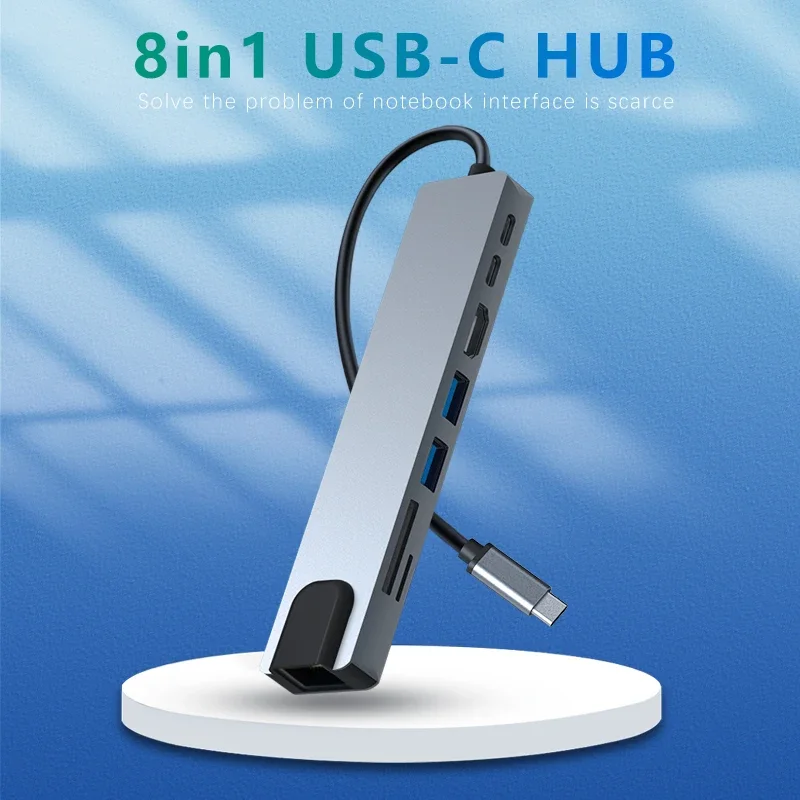 

8 In 1 USB C Hub Type C 3.1 To 4K HD Adapter with RJ45 SD/TF Card Reader PD Fast Charge for MacBook Notebook Laptop Computer