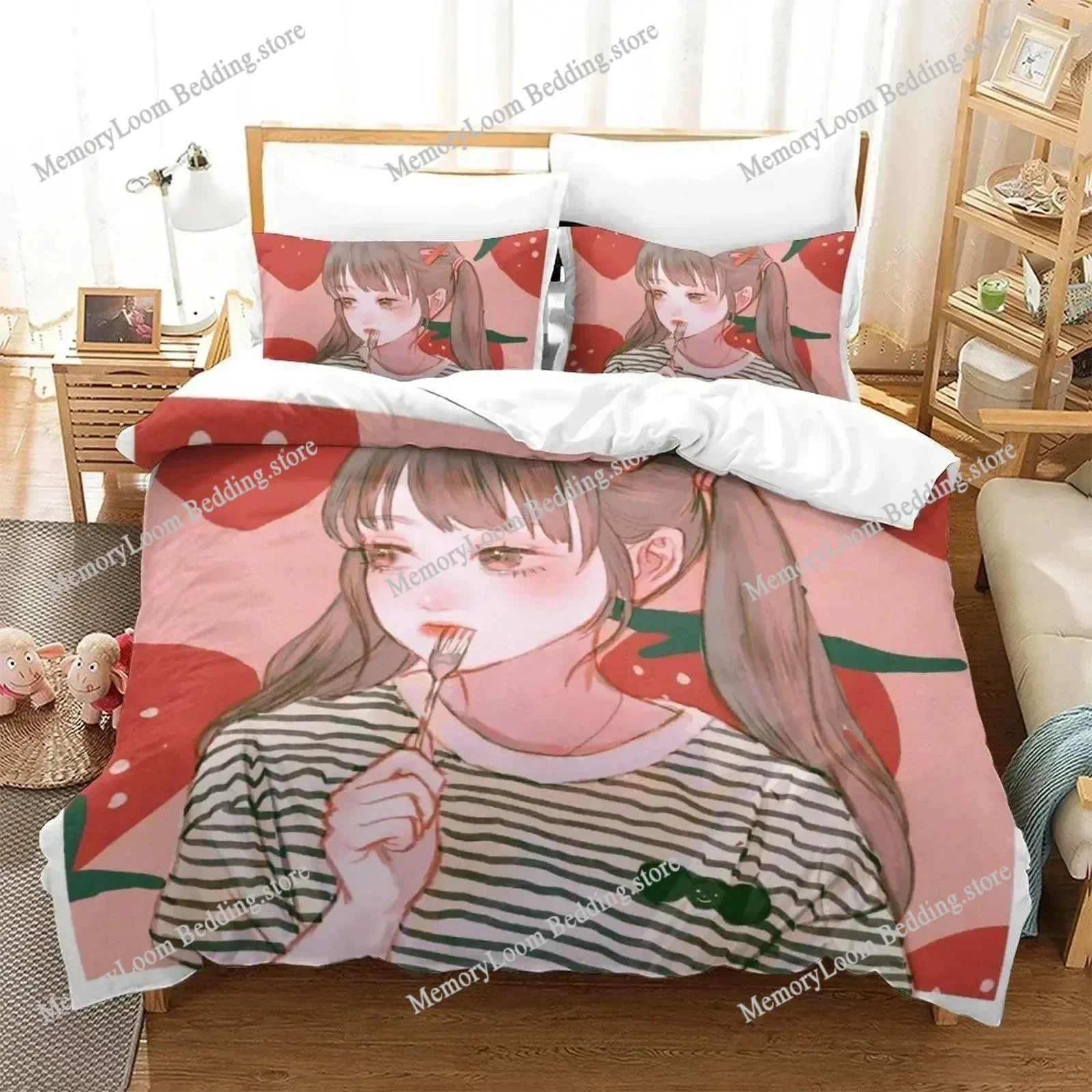 Anime Aesthetic Girl Art Strawberry Bedding Set Duvet Cover Bed Set Quilt Cover Pillowcase Comforter king Queen Size Boys Adult