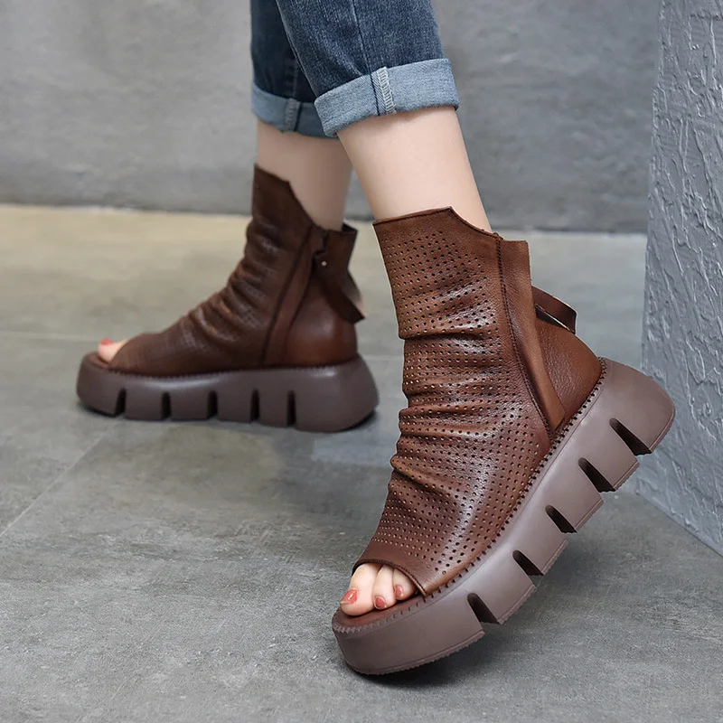 2021 spring and summer new fashion platform shoes cowhide cold boots leather cave shoes fish mouth shoes