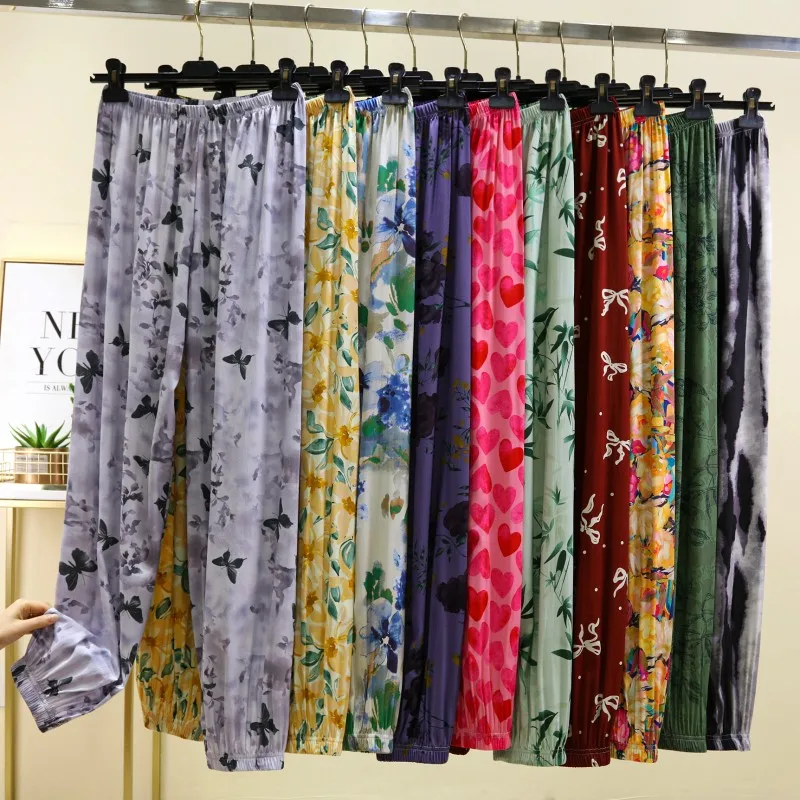 Summer Lightweight Cotton Silk Loose Fit Casual Pants Women's Home Pants Small Footed Thin Model Air Conditioned Mosquito Pro...
