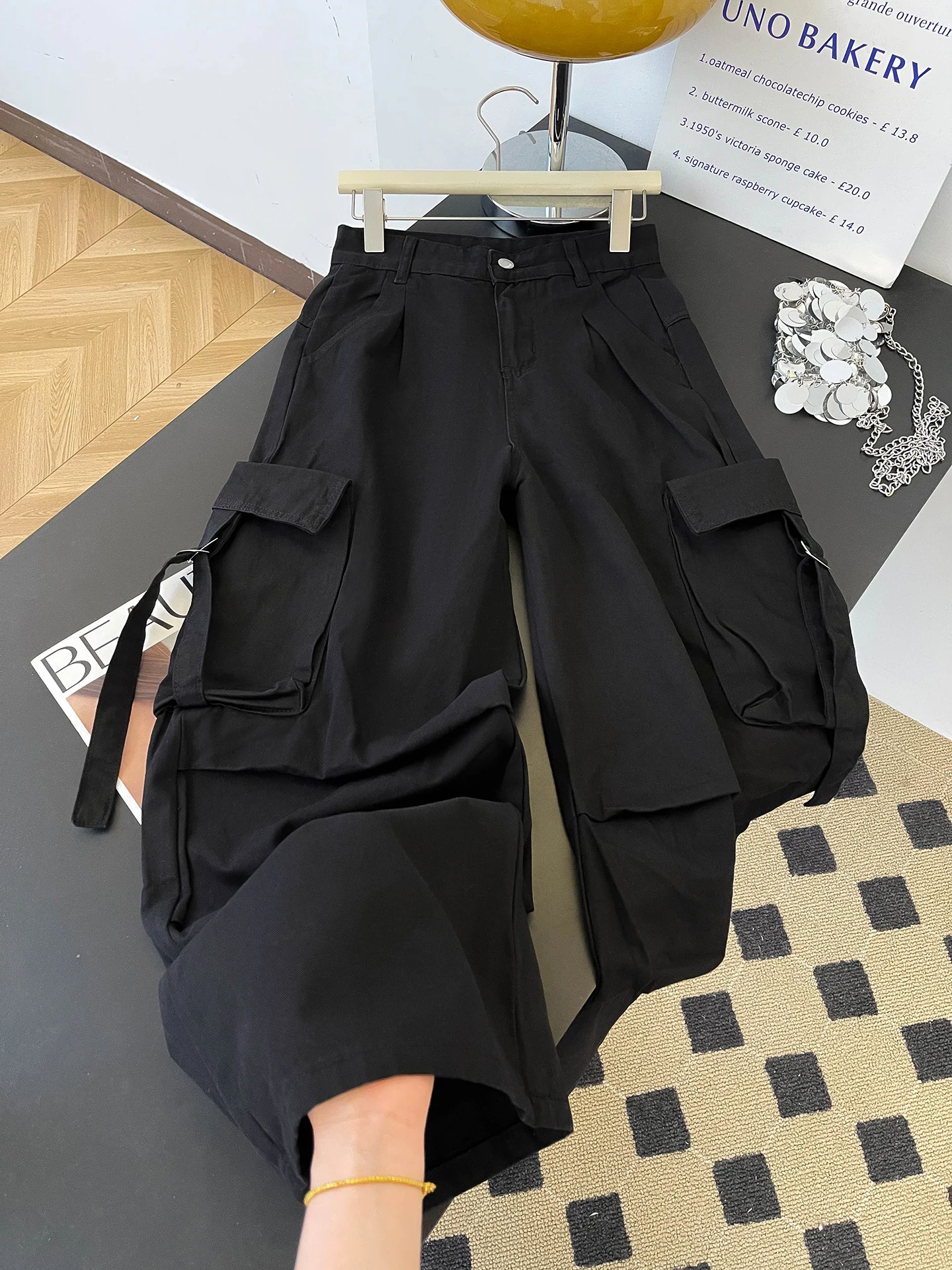 

Retro American Bla Multi-ket Denim Work Pants Women's Spring Design Letter Print Drape Wide Leg Long Pants