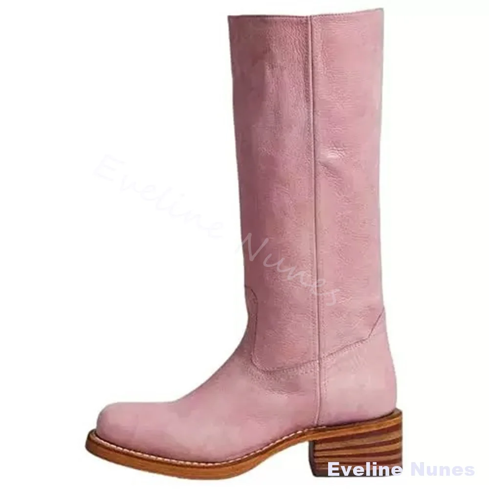 Retro Women Distressed Yellow Leather Mid Calf Riding Boots Square Toe Stacked Wood Look Block Heel Casual Western Cowgirl Boot