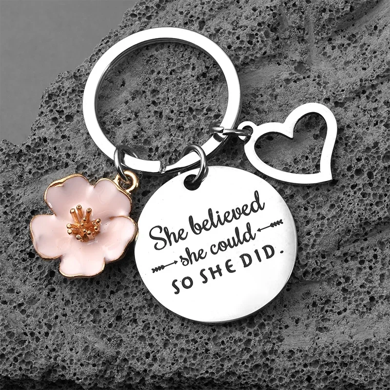 she believed she could so she did pink petals peach heart keychain