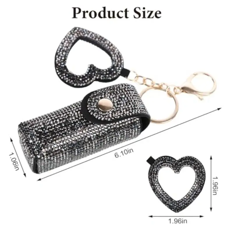 Lipstick Organizer Keychain, Rhinestone Lipstick Case with Mirror for Women, Portable Lipstick Leather Holder Lip Gloss Bag Lip