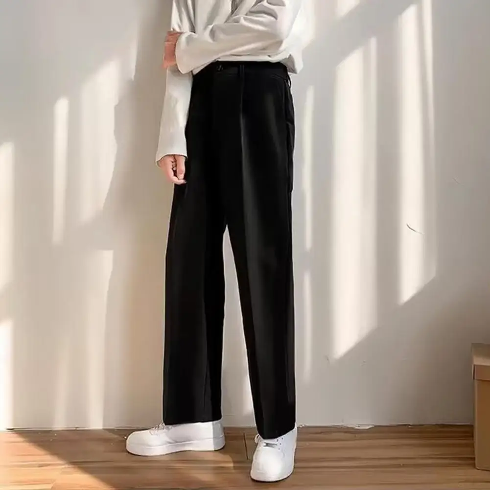 Solid Color Casual Pants Elegant Men's Wide Leg Suit Pants with Side Pockets Formal Business Style Trousers with Elastic