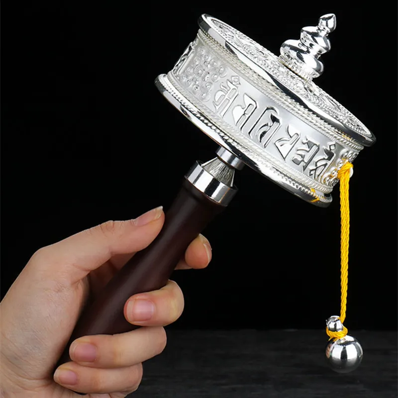 

22cm Alloy Metal Silver Special Six Words Mantra Wooden Hand Cranking Prayer Wheel,Buddhist Tibetan Exquisite Supplies Ornaments