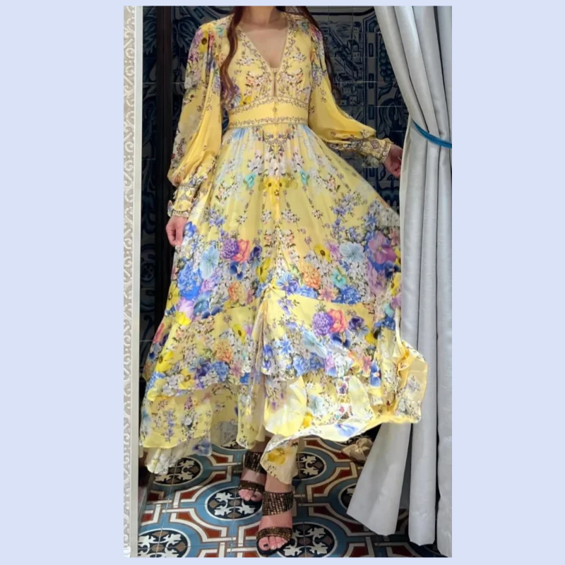 

Australian niche silk yellow printed diamond studded deep V-neck long sleeved fairy vacation long dress