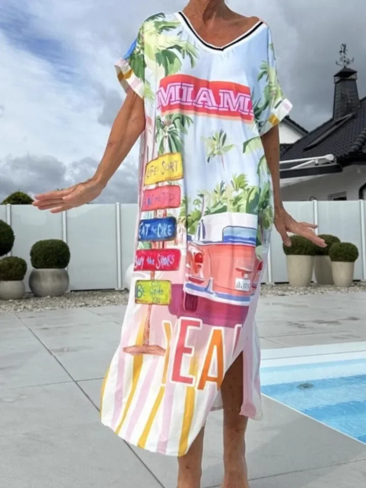 여성용 패션 프린트 루즈 드레스 캐주얼 반팔 브이넥 풀오버 드레스 여성 보헤미안 휴가 비치 스커트 로브 여성 의류