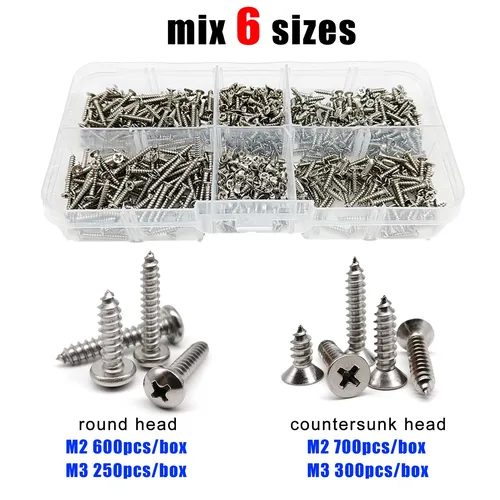 필립스 플랫 카운터 싱크 라운드 팬 헤드 셀프 태핑 목재 나사 믹스, 6 가지 크기, M2 M3 모음 세트 키트, 304 A2-70 스테인리스 스틸