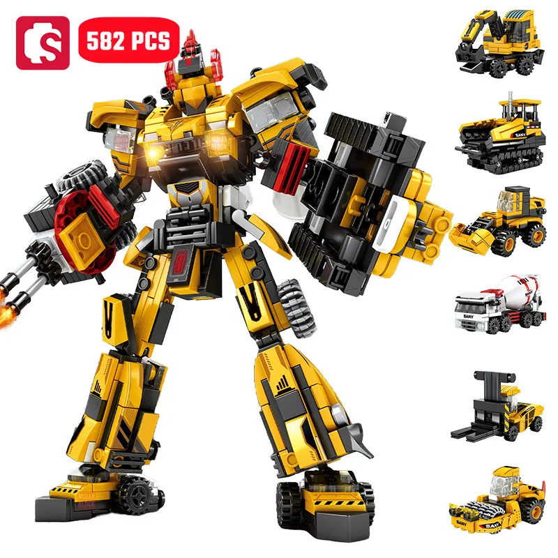 SEMBO Engineering Vehicle Combined Robot Mech Building Blocks Transforming Mecha Models Excavator Assembly Bricks Boys Toys Gift