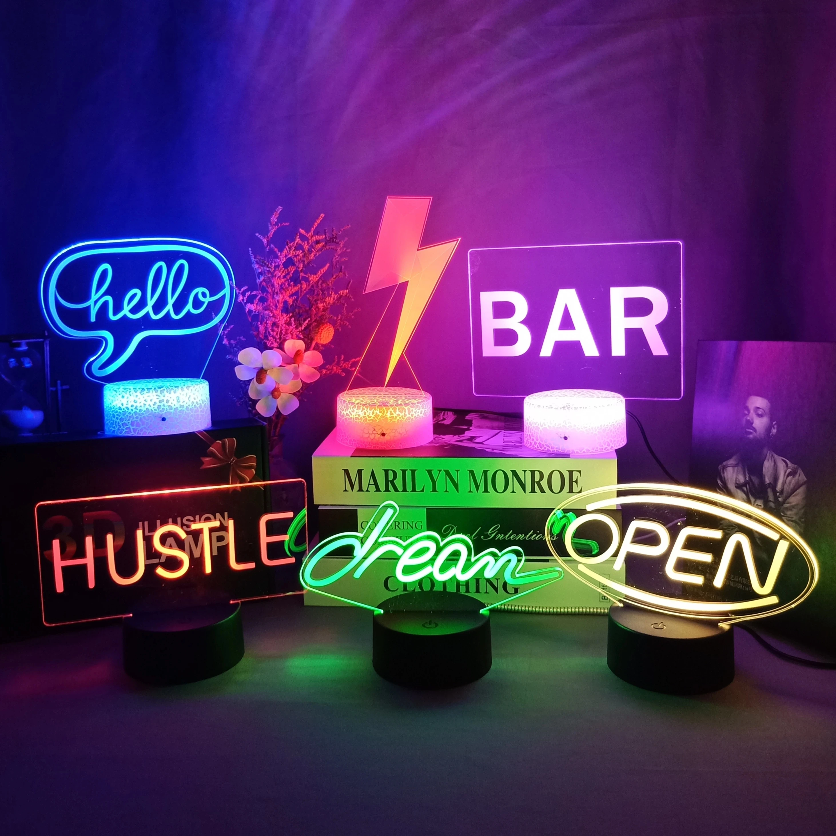 3D LED Night Light Room Decor Good Vibes Dream Open Hello Flash Neon Sign lampada da tavolo per Home Party Wedding Decor 7/16 colori