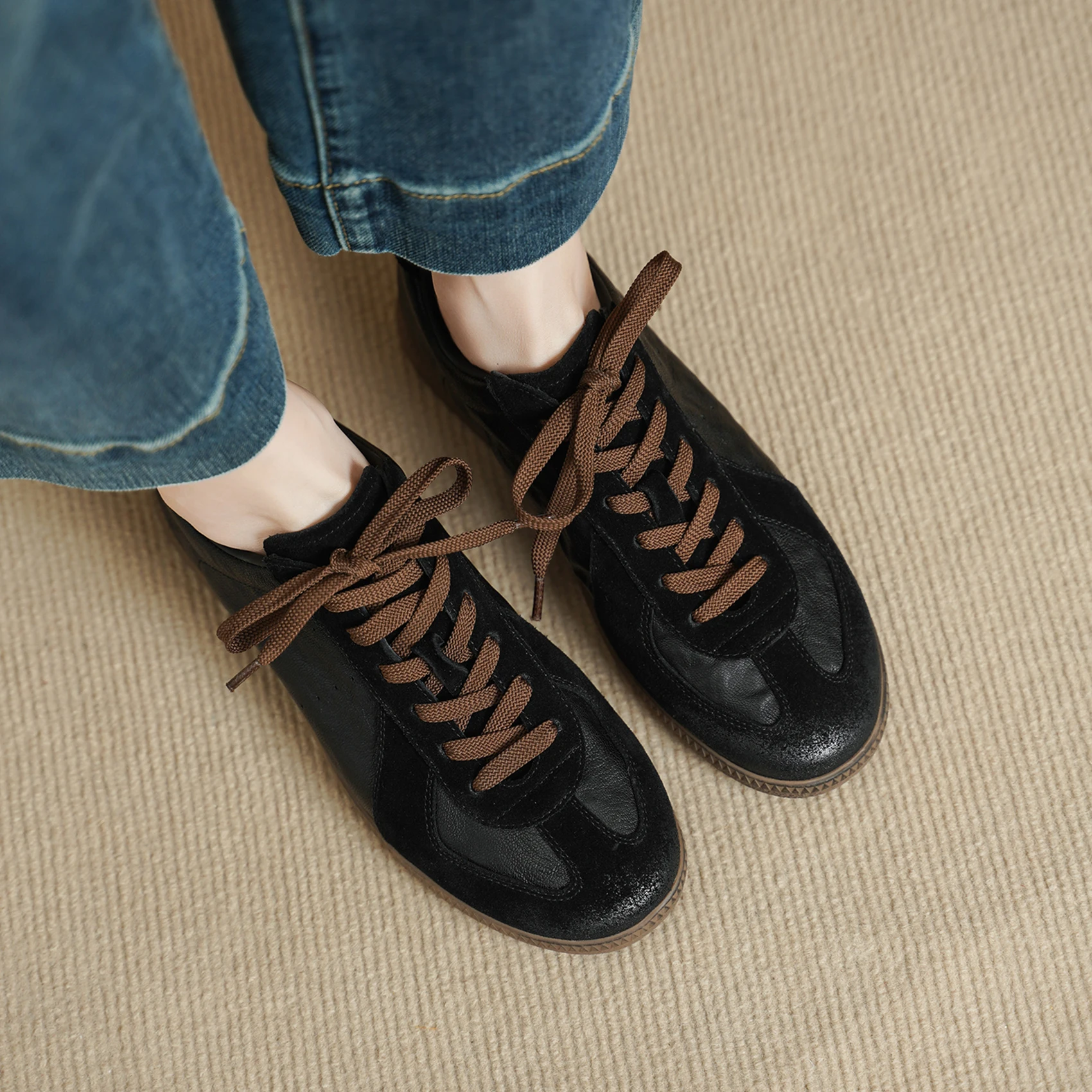 2026 new spring autumn women pumps natural leather 22-25cm sheepskin+cow suede+pigskin+cowhide lace-up mixed color women shoes