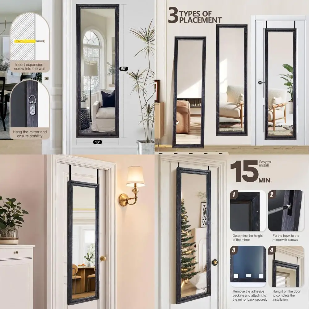 

Rustic Wooden Over-the-Door Mirror, Full-Length Hanging for Bedroom or Bathroom, Black