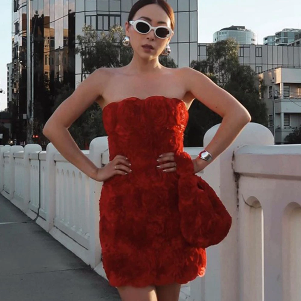 Strapless Red Mini Length Flowers Dress Straight Bodycon Party Dresses Custom Made 2024 New Fashion Gown Plus Size Floral Gowns