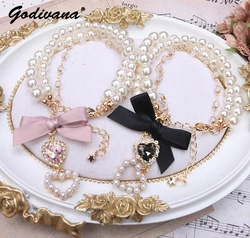 Handmade Japanese Sweet Lady Bow Love Pearl Rhinestone 14K Gold Plated 3 Layer Bracelet Lolita Girl Women's Bracelets