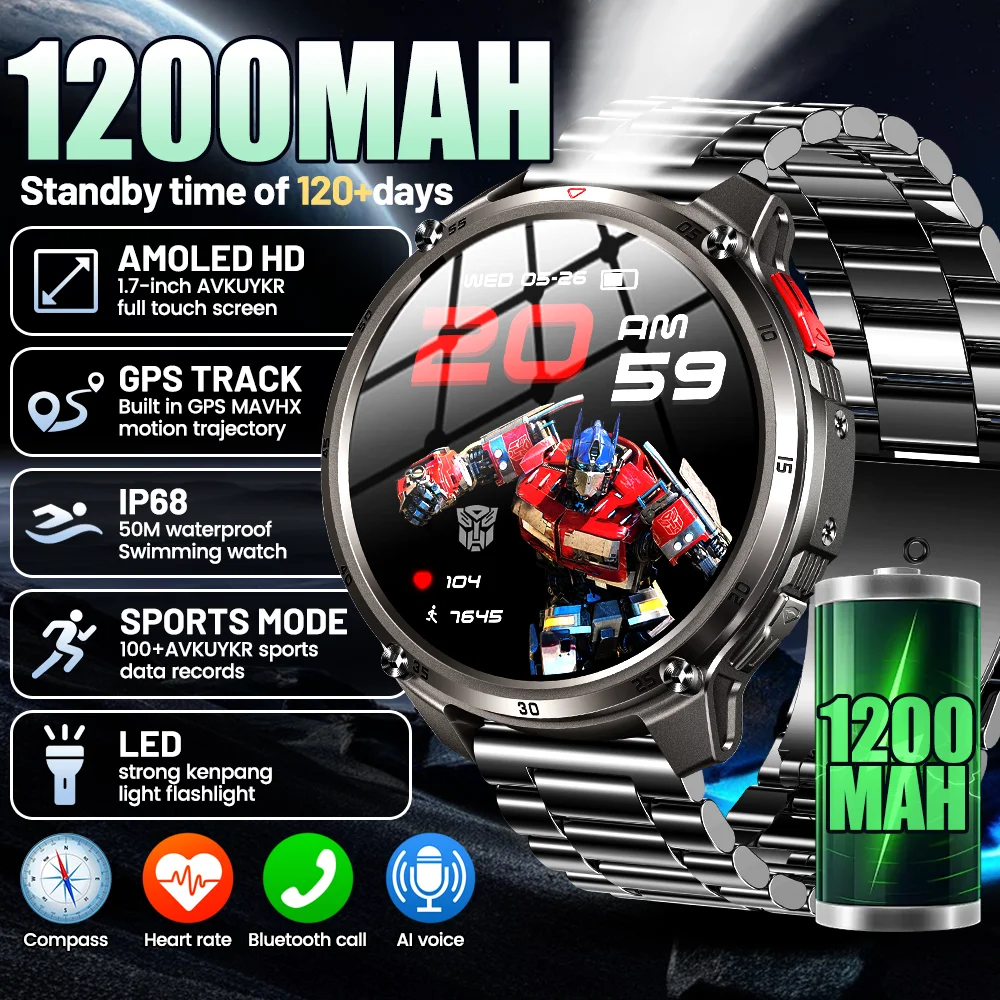New 1200mAh Big Capacity Battery Smart Watch GPS IP68 Waterproof Flashlight Bluetooth Call Men TF Co branded Sports Smartwatches