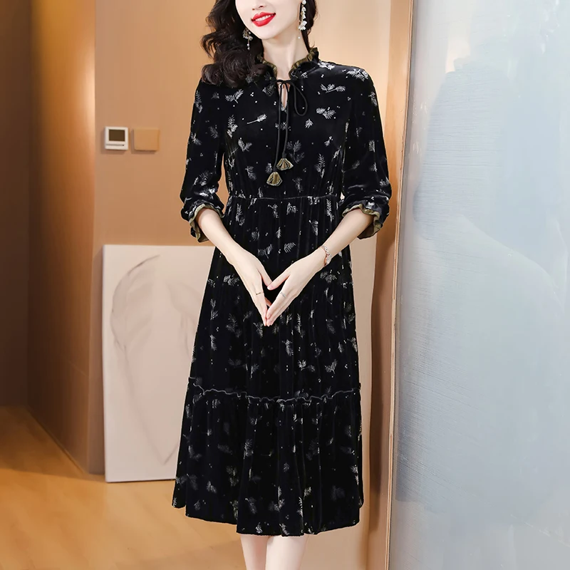 2023 New Silk Velvet V-Neck Dress for Women\'s Loose Large Flower Print Waist Waist Slim Long Sleeve Knee Long Dress Gown