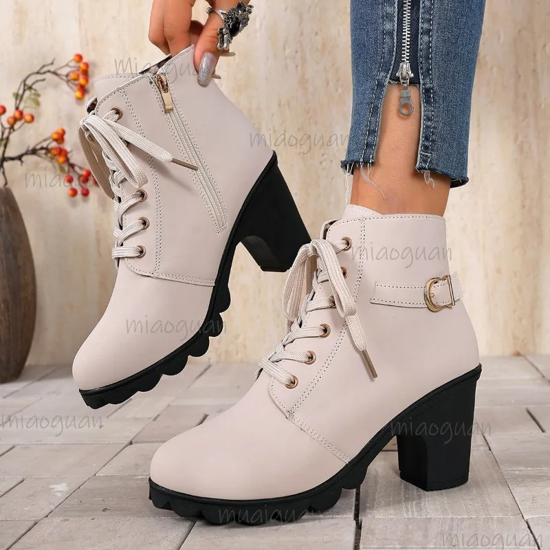 Plus Size 36-43 Women's Ankle Boots Autumn Winter Chunky High Heel Short Boots Round Toe Lace Up Booties Botines Para Mujeres view 4