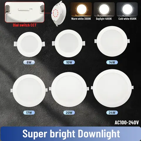 4pcs Dial Swich CCT LED Downlight 100-240V 3000K 4000K 6500K Ceiling Light 6W-24W Recessed Round Panel Light Indoor Lighting