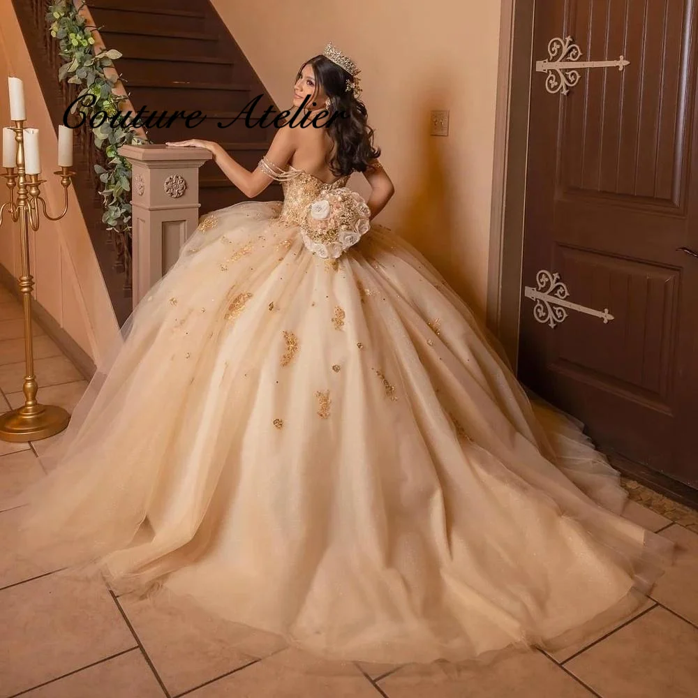 

Stylish Champagne Quinceanera Dress V-neck 3D Appliques Corset Off the Shoulder Vestidos De 15 Quinceanera 2026 Customized