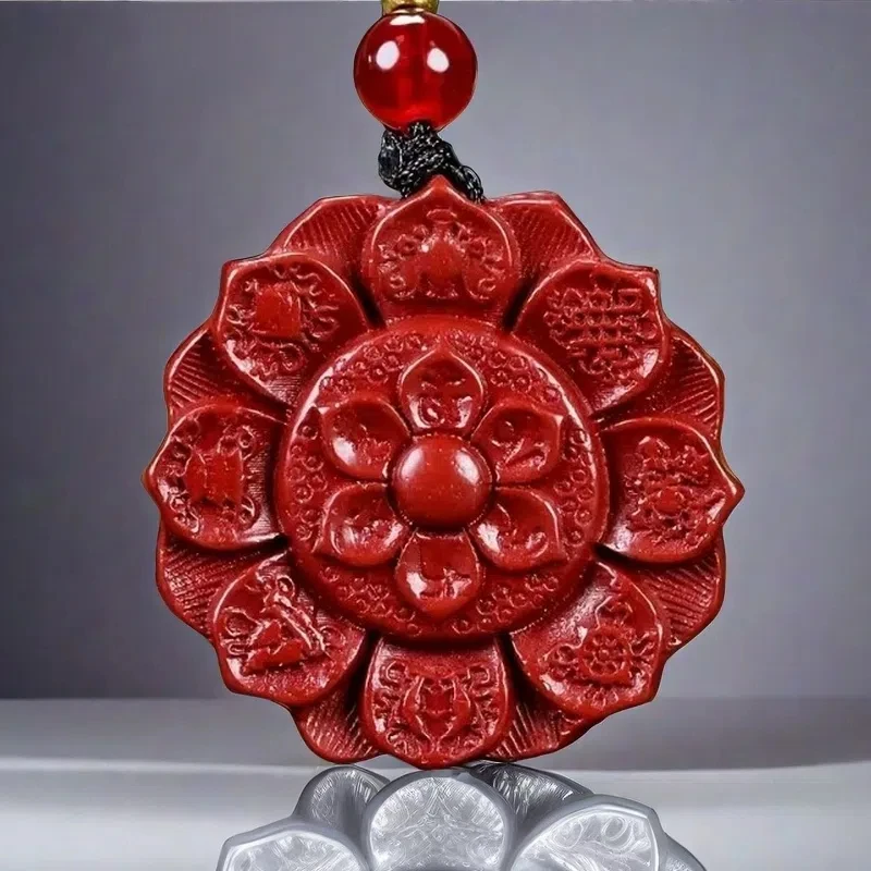 

Natural Genuine Cinnabar Red Round Lotus Pendant Hand-carved Double-sided Amulet Casual Men and Women Jewelry Jewelry Necklace