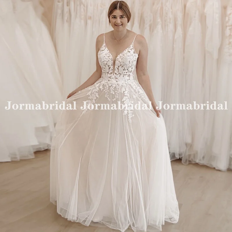 Semplice abito da sposa in Tulle Boho senza spalline con scollo a v corpetto trasparente Mori abiti da sposa Appliques abito da sposa aperto sul retro