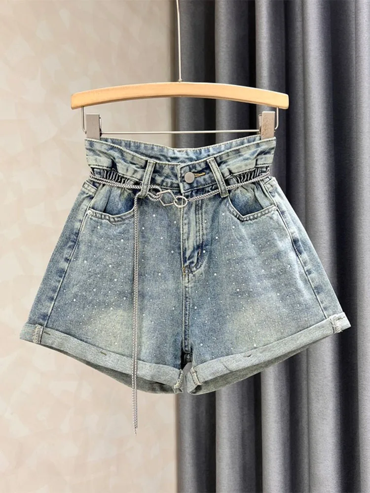 

Джинсовые шорты с высокой талией из хлопка, женские, летние, новые, широкие, с манжетами, А-силуэт, повседневные, модные, больших размеров