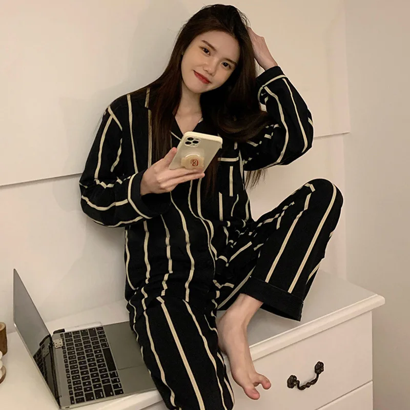 New Style Women\'s Pijama Set Long-sleeved Trousers  Set Home Wear Clothes Black Leisure Women Sleepshirt Sisters Silk Summer