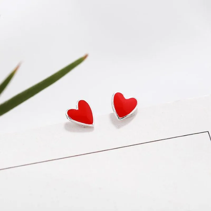 

New Fashion Lovely 925 Sterling Silver Jewelry Female Red Heart Temperament Simple Stud Earrings E080