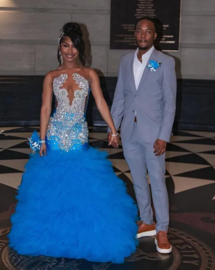 

Blue Sparkly Long Mermaid Prom Ceremony Dresses for Black Girl 2024 Luxury Diamond Ruffles Evening Birthday Gown Gala