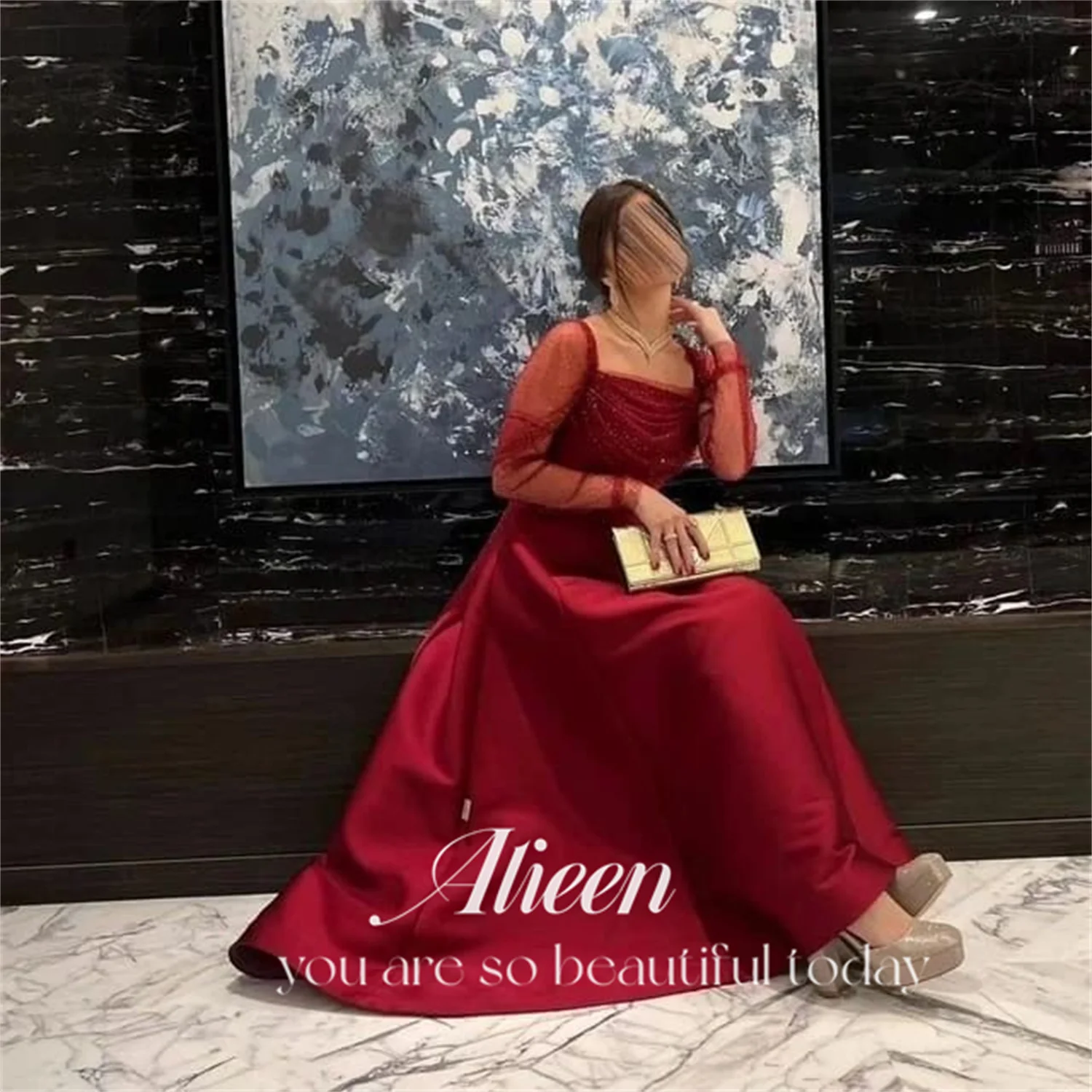 Aileen Red Satin Long Sleeves Square Collar Prom Dresses 2024 Elegant Women\'s Luxury Wedding Party Dress Evening Woman Gala