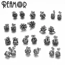 REAMOR Luxury High-quality Zirconia Inlay Stud Earrings For Women Men Simple Stainless steel Round Totem Earring Jewelry 1 Pair