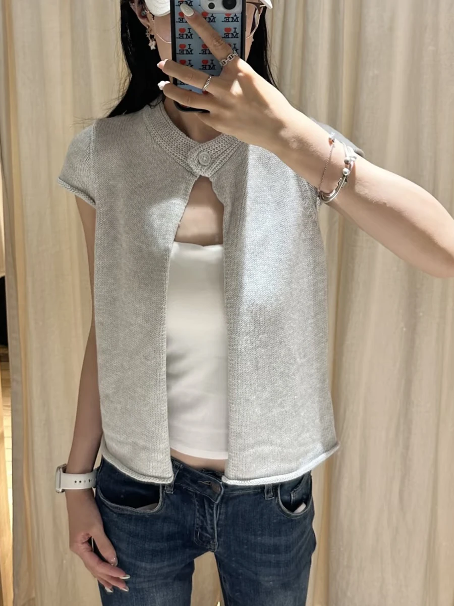 Gray Knitted Short Sleeve Cardigan Coat Woman Buttons O-Neck Cotton Cropped Smock Tops Female Solid All-match Basic Crop Top Y2k