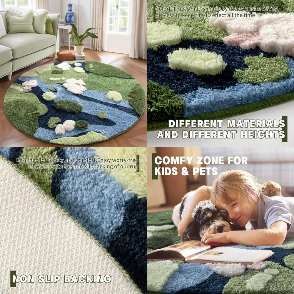 

Современный круглый ковер Shag, эстетический пишный зеленый мх, нескользящий, пушистый моющийся ковер для спальни