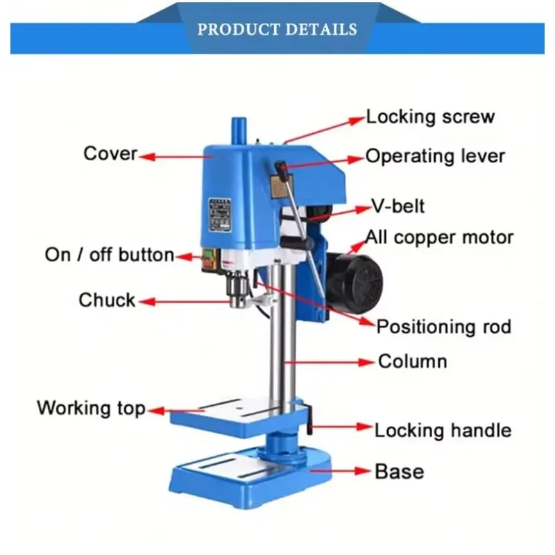 Portable Craft High Precision Industrial Variable Speed Bench Drill Machine Engine Motor Cast Iron Stand Wood Metal Steel