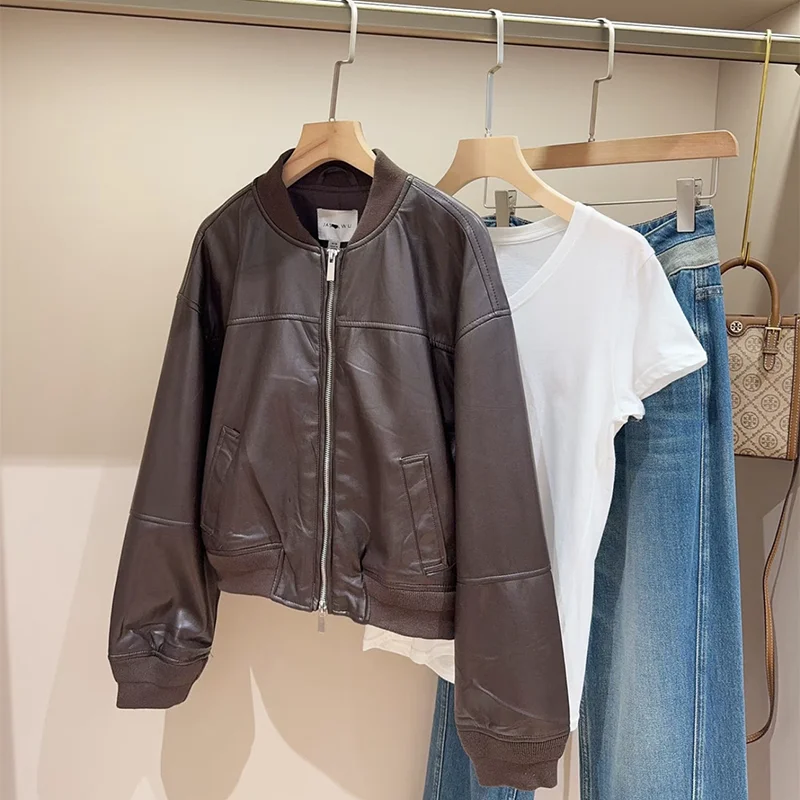 Sli ort American Retro Leather Jaet Mantel Kerah Ritsleting Wanita Merek Wimigirls Longgar Fit Lengan Panjang Pakaian Luar Musim Semi