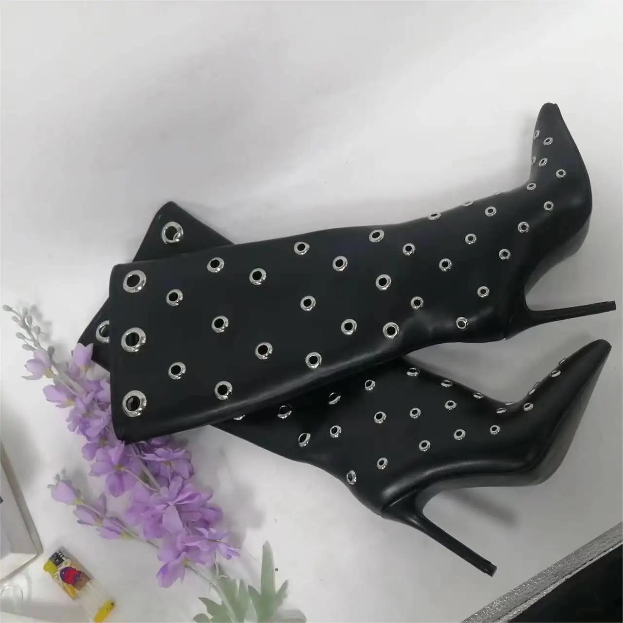 Pointed Toe Metal Hole Knee High Boots Black Leather Sexy Cool Girl Summer Booties High Heels Fashion Party Dress Shoes 2024