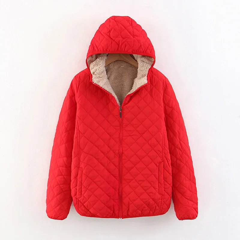 Fashionable and Casual Slim Fit, Slimming Plaid Lamb Wool Hooded Closure, Thickened Warm Cotton Jacket for Women, Plus Size